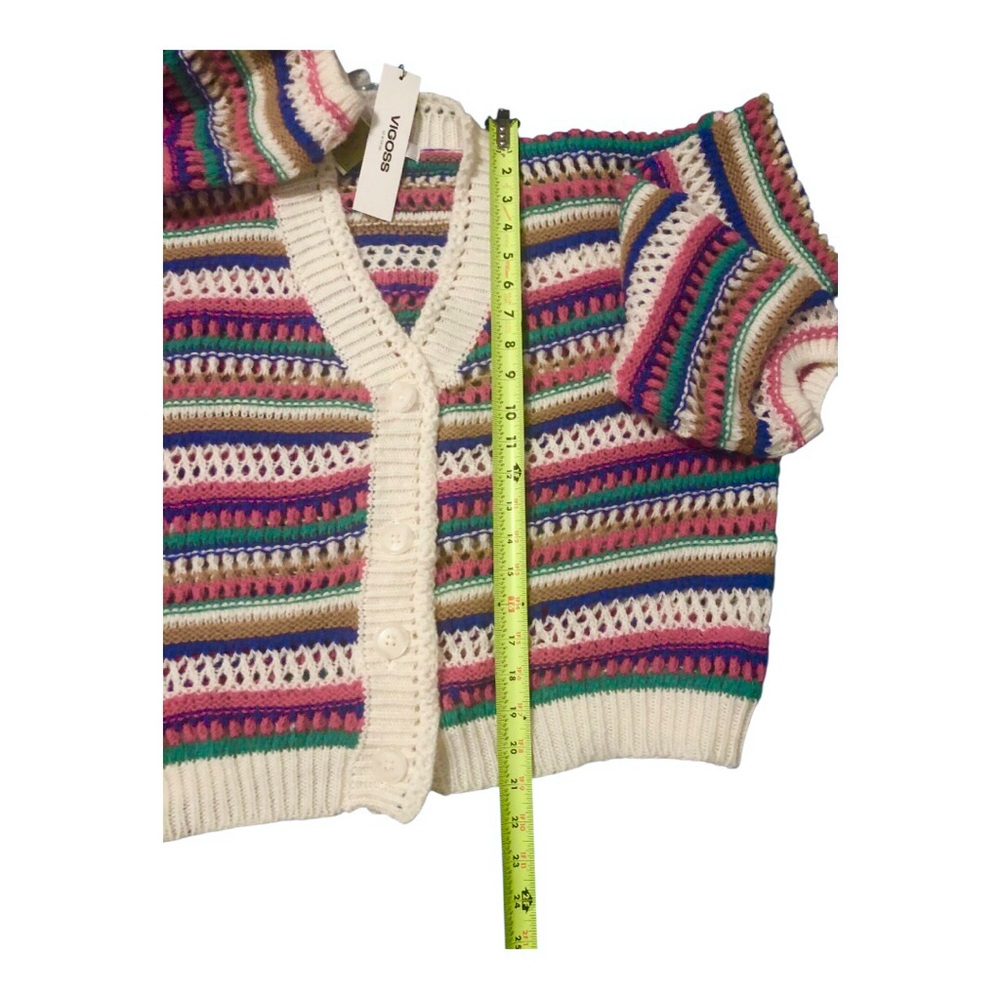 Vigoss Cream multistriped crochet‎ knit grandpa cardigan sweater size large new - Picture 16 of 16
